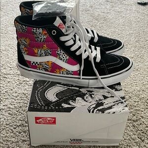 Vans Black and Pink High-Top Sneakers with Graphic Design